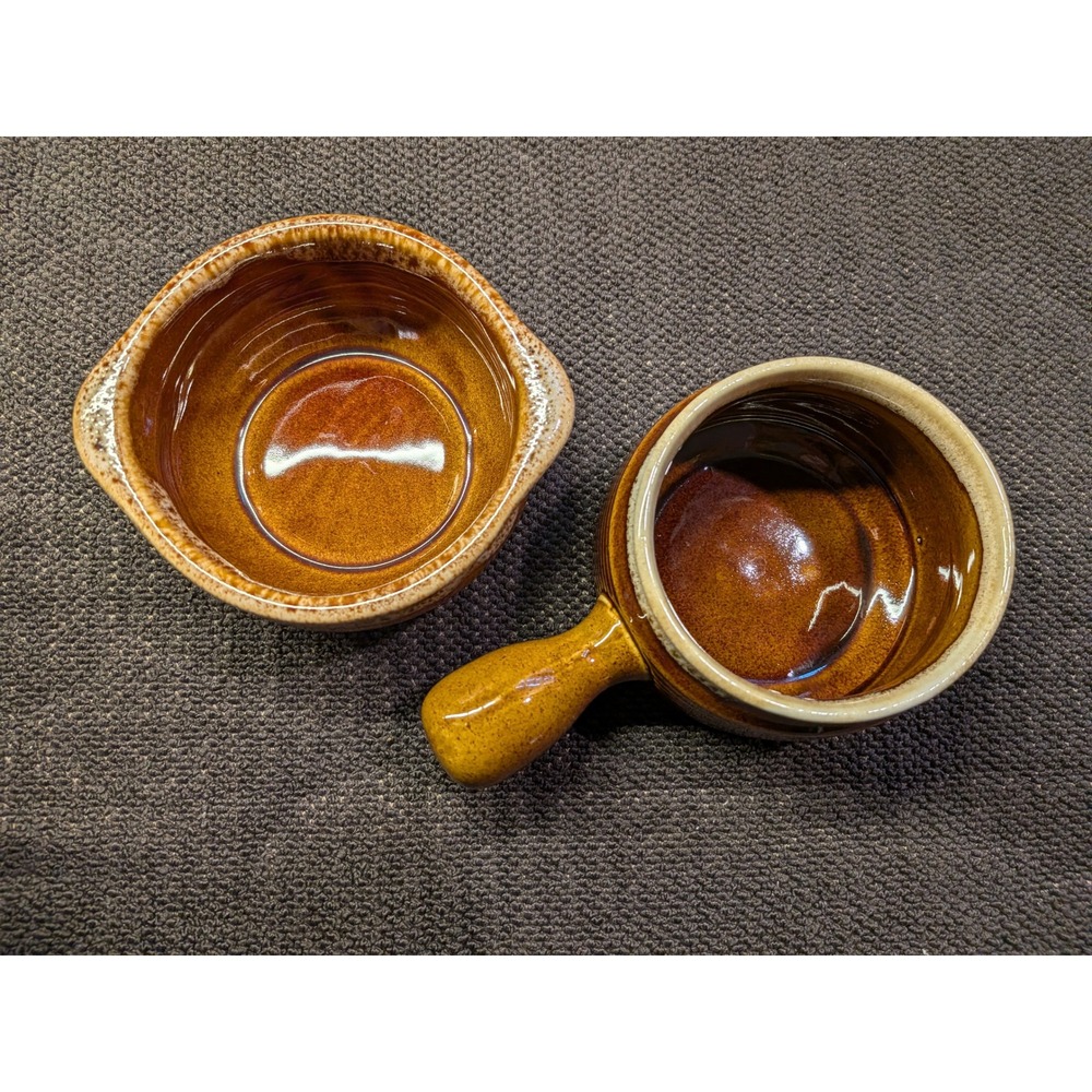 Vintage Mid-Century Stoneware Soup Bowls Brown Drip Glaze Set USA